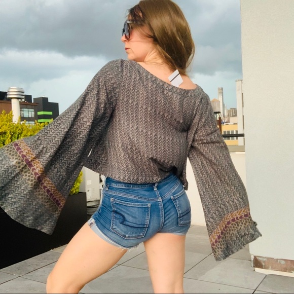 Free People Geometric Abstract Chevron Boatneck Statement Flare Bell Sleeve Top - Picture 12 of 16